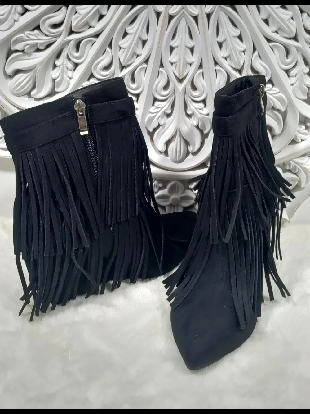 Wild Diva Black Vegan Suede Fringe Wedge Booties-Size 6.5